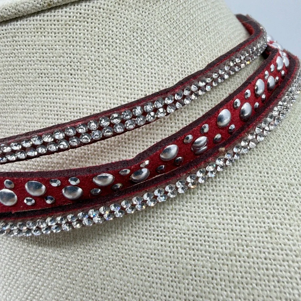 Red Faux Suede Wrap Choker Necklace Rhinestone Studded Western Statement